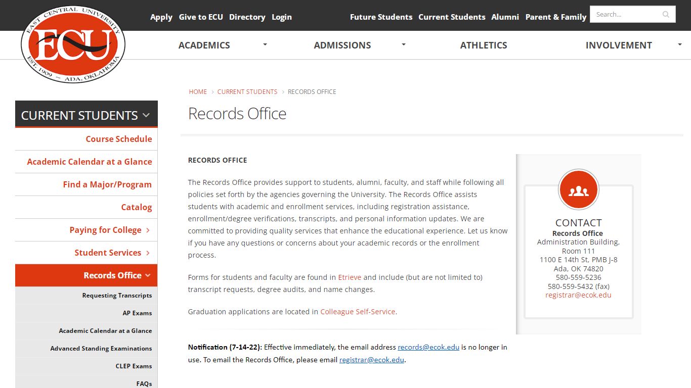 Records Office | East Central University